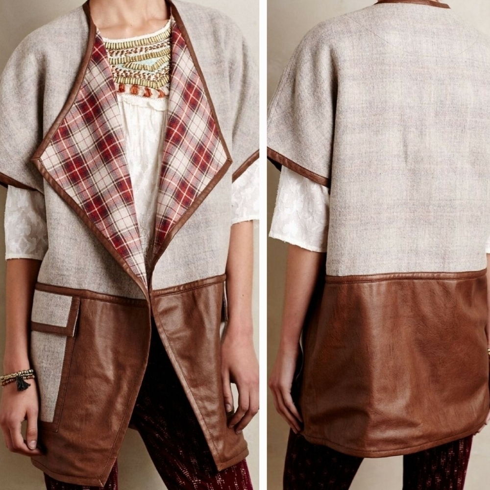 Anthropologie Elevenses Paisaje Vest Wool Leather Open Front Plaid